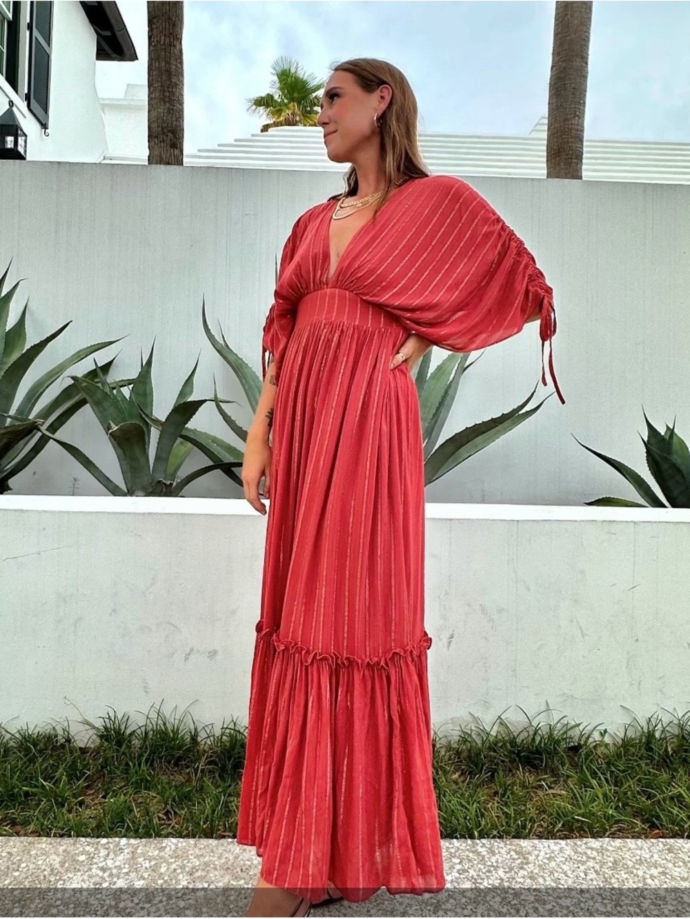 Red V-Neck Maxi Dress with Balloon Sleeves